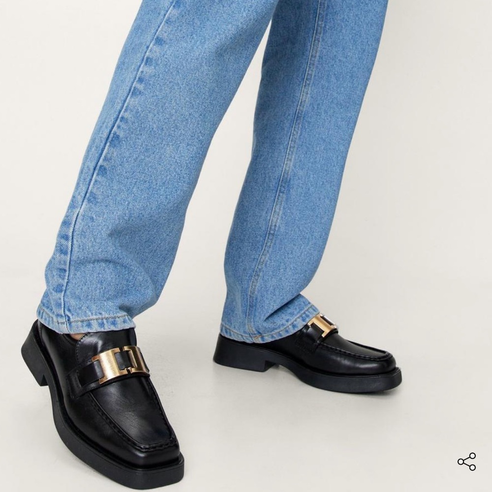 Nasty Gal 100% Leather Gold Buckle Chunky Loafers